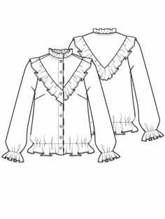 the front and back view of a women's blouse with ruffles on it