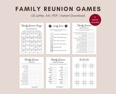 the family reunion game is shown in black and white, with four different games to play