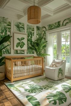 a baby's room with tropical wallpaper and palm leaves on the walls, including a crib