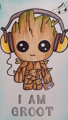 a drawing of a baby groote with headphones and the words i am groot on it