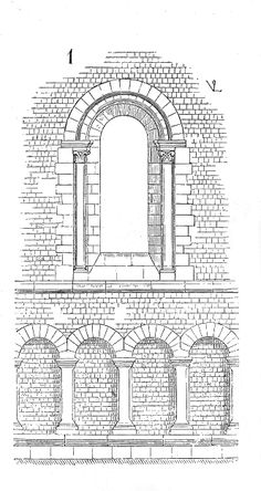 an old brick building with arched windows and arches on each side, in black ink