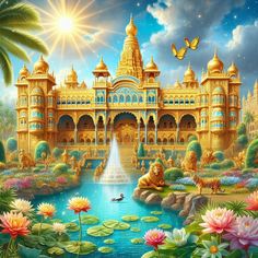 a painting of a palace surrounded by water and flowers