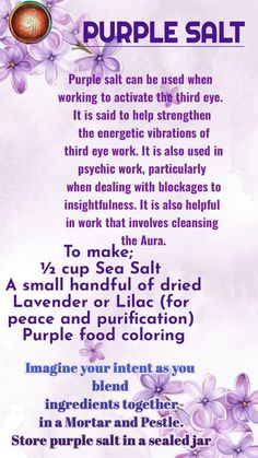 Why salt? As such a major part of life, salt has inspired many uses and superstitions. This has flamed its significance in the traditions of healing, beauty, magic, energy work and folklore. Salt Witchcraft Uses, Salt Peter Magic, Witch Salt, Witches Salt, Pink Salt Witchcraft, Salt Types Witchcraft, Purple Salt Witchcraft, Pink Himalayan Salt Witchcraft, Purple Food Coloring