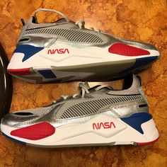 Brand New Nasa X Puma Rs-X Space Agency Shoes New Sneakers Size 8.5 Sporty Metallic Sneakers With Perforations, Reflective Round Toe Running Shoes, Metallic Synthetic Sneakers For Sports, Silver Lace-up Synthetic Running Shoes, Silver Synthetic Running Shoes With Round Toe, Silver Synthetic Low-top Running Shoes, Puma Rs X, Puma Rs-x, Puma Rs