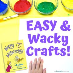 a sign that says easy and wacky crafts next to some colorful paints on a table