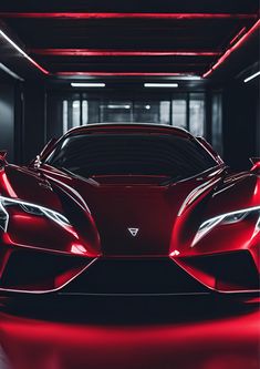 a red sports car is parked in a dark garage with its lights on and it's hood up