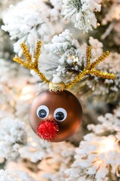 a christmas ornament hanging from the side of a tree with reindeer's nose