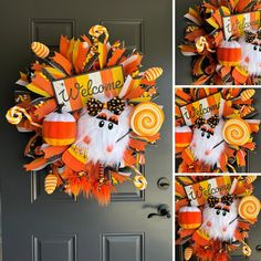 a halloween wreath with candy cornucons and decorations