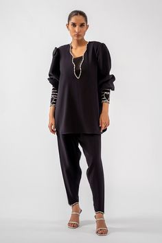 This black Italian crepe co-ord set is the perfect look to style at any festive occasion. The shirt features a subtle stone-embellished neckline with playful hearts on the cuffs, set to capture the spotlight. Cotton Suit Designs, Embellished Neckline, Website Features, Suit Designs, Co Ord Set, How To Dye Fabric, The Shirt, Co Ord, Online Branding