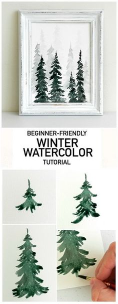 the instructions for how to make a watercolor pine tree in a frame with text overlay