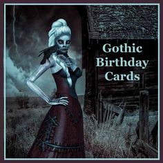 a painting of a woman in a red dress with a bird on her shoulder and the words gothic birthday cards