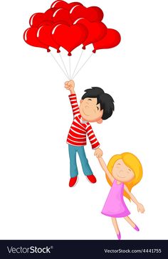 a boy and girl flying with red heart balloons on white backgrounnds