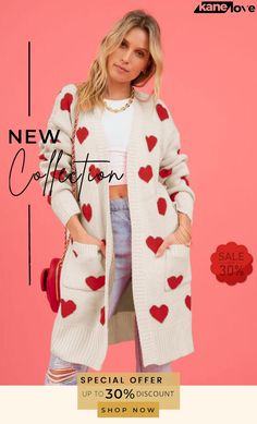 Heart Graphic Open Front Cardigan with Pockets Trendy Winter Outerwear With Heart Print, Casual Heart Print Outerwear For Spring, Casual Spring Outerwear With Heart Print, Casual Long Sleeve Heart Print Outerwear, Fall Long Sleeve Heart Print Outerwear, Trendy Heart Print Cardigan For Fall, Casual Heart Print Cardigan For Spring, Cardigan With Pockets, Heart Graphic