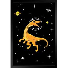 an orange dinosaur is flying through the space