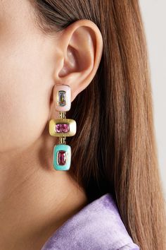 Emily P. Wheeler likens the pretty interplay of shapes and tones on these 'Bernadette Patchwork' earrings to the artworks of famed color-blockers in the '60s, such as fashion designer Rudi Gernreich. They twinkle with pink tourmaline, aquamarine, turquoise and pink opal set in 18-karat gold. Rudi Gernreich, 60s Earrings, Green Stone Earrings, 60s Jewelry, Turquoise And Pink, Pink Opal, Multi Stone, Beauty Accessories, Bracelets And Charms