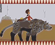 a woman riding on the back of a gray horse next to two black lions in front of a building