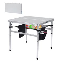 a white table with two bins underneath it and an empty board on the top