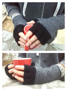 two pictures of someone holding a red cup in their left hand and another photo of the same person wearing black gloves