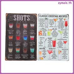 a menu with different cocktails on it and the words shots written in front of them