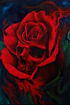 a painting of a red rose with a skull on it