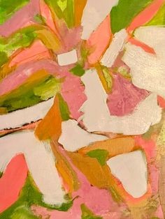 an abstract painting with pink, green and yellow colors