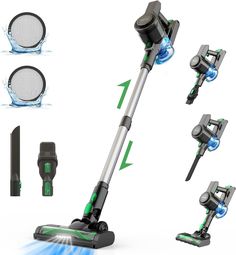 four different views of the same device and its attachments, including one with a water hose