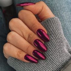 If you want to mix things up, why not try burgundy chrome nails with a matte finish? The combination of a chrome base and a matte top coat creates an interesting contrast between shine and texture. Matte nails have been a popular trend in recent years, offering a more subtle and sophisticated alternative to the typical glossy finish.  To achieve this look, apply a matte top coat over your burgundy chrome nails. This not only reduces the shine but also gives the nails a soft, velvety appearance. Nail Art Designs For Dark Hands, Fuscia Nails Chrome, Fuchsia Chrome Nails, Berry Purple Nails, Dark Purple Nails Chrome, Purplish Pink Nails, Deep Purple Chrome Nails, Chrome Nail Inspiration, Chrome Maroon Nails