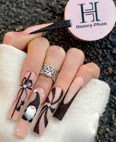 #winternails 🖤 #christmasnails 🩶 #handdrawn 🤍 For More Content Like This, Follow Me @exquisitejoe Black Santa Nails, Moody Winter Nails, Black Thanksgiving Nails, Christmas Nail Designs Black, Dark Christmas Nail Designs, Black Holiday Nails Christmas, Black Sweater Nails, Christmas Nails Long Square, Black Christmas Nails Acrylic