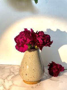 some pink flowers are in a vase on a marble counter top with white walls behind it