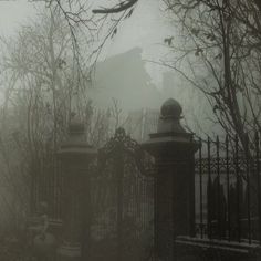 an old iron gate in front of a house with trees and bushes on the other side