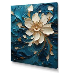 an abstract painting with gold and white flowers on blue canvas wall art print, ready to hang in a living room or bedroom