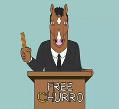 a cartoon horse wearing a suit and tie holding a pen in front of a free churro sign