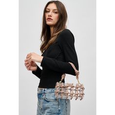 Woman wearing Natural Urban Expressions Mavis Evening Bag 840611191687 View 1 | Natural Exterior Details, Shine Bright, Interior Details, Chain Strap, Evening Bags, Gold Hardware, Snap Closure, Knot, Sleek