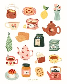 an illustration of various teapots and dishes