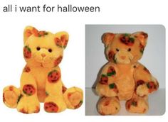 two stuffed animals that have been made to look like halloween cats, one is yellow and the other is orange