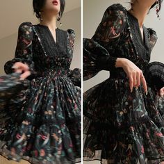 Flowers blooming gorgeously under the pitch-black night sky. A French dress depicting butterflies and dragonflies dancing in search of blooming flowers. The loose sleeves are transparent, and the fluffy skirt part creates an elegant atmosphere. Seduced by the temptation of black. 
 
 
 Size 
 
 S size 
 
 Length: 83cm 
 Shoulder width: 31cm 
 Bust: 86cm 
 Waist: 60cm 
 Sleeve length: 70cm 
 
 M size 
 
 Length: 84cm 
 Shoulder width: 32cm 
 Bust: 90cm 
 Waist: 64cm 
 Sleeve length: 71cm 
 
 L si Elegant Black Floral Dress For Spring, Elegant Black Long Sleeve Floral Dress, Black Bohemian Chiffon Dress, Black Flowy Floral Dress For Garden Party, Spring Black Floral Party Dress, Black Floral Dress For Spring Party, Flower And Bird Painting, Butterflies And Dragonflies, Fluffy Skirt