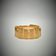 This ring reproduces in scale and realistic detail the 8 gates of the Jerusalem Old City, the holy place for all three major monotheistic religions: Judaism, Christianity, and Islam. The gates are Damascus, Golden, Herod's, Jaffa, Lions', Silwan, (Mughrabi), Zion, and the New Gate. Metal:    14 kt Yellow Gold Weight:  9-10 g. Size: 10 (American), 23 (European) For those who love art.  Original handmade ring from a private jeweler with "golden hands" and fair prices. Make your life more beautiful Ceremonial 14k Gold Jewelry With Historical Design, Ceremonial Yellow Gold Intaglio Jewelry, Antique Gold Engraved Ring With Historical Design, Elegant Gold Engraved Ring With Historical Design, Gold Spiritual Rings With Polished Finish, Symbolic Etched Yellow Gold Rings, Yellow Gold Ring With Historical Design, Ceremonial Yellow Gold Ring With Historical Design, Gold Jewelry With Historical Design For Anniversary