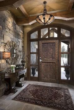 an ornate entryway with stone walls and wooden doors, surrounded by potted plants