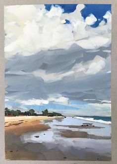 an oil painting of clouds over the ocean and sand on a beach with trees in the foreground