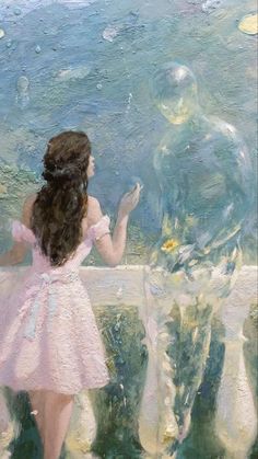 a painting of a girl looking at bubbles