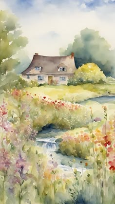 a watercolor painting of a house in the countryside with flowers and trees around it