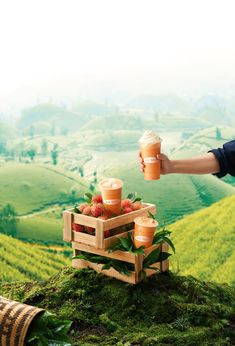 a person holding a cup with strawberries in it on top of a wooden crate