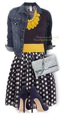 Yellow + Grey + Navy by casuality on Polyvore featuring Gianvito Rossi, STELLA McCARTNEY and plus size dresses Fashion Archive, Stitch Fix Outfits, Skirt Maxi, Polka Dot Skirt, Dot Skirt, Dress Store