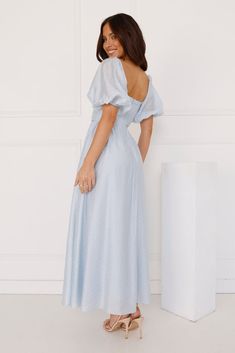 Length from shoulder to hem of size S: 131cm. Chest: 35cm. Waist: 31cm. across front only of size S. Midi dress. Lined. Model is a standard XS and is wearing size XS. True to size. Non-stretch. V-neck. Elastic puff sleeves. Textured fabrication. Flowy skirt. Split to skirt. Elastic back. Zipper. Cold hand wash only. Tencel/Nylon/Rayon. The dreamiest dress is here. lovely! For lovers of effortless style. be seen in the Gentle Breeze Midi Dress. Featuring a V-neck. elastic puff sleeves and a flowy Off Shoulder Wedding Dress Guest, Chiffon Blue Bridesmaid Dress, Winfo Dresses Long, Pastel Blue Formal Dress, Blue Bridesmaid Dresses Sleeves, Blue Bridesmaid Dresses Modest, Winter Engagement Dress, Pastel Blue Bridesmaid Dress, Midi Graduation Dress