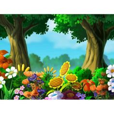 a cartoon scene with pineapples and flowers in the foreground, surrounded by trees