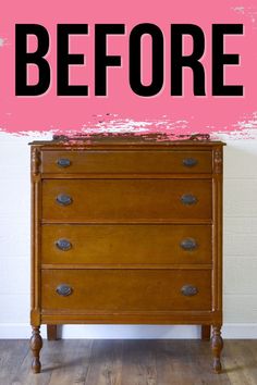 an old dresser has been painted pink and black with the words before it is cleaned