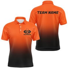 an orange and black polo shirt that says team name on the front, with two skulls in the middle