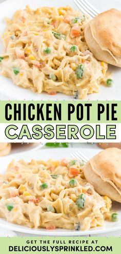 You're going to love this Easy Chicken Pot Pie Casserole! With only 10 minutes of prep, it's the perfect busy weeknight dinner. While this creamy, yummy casserole recipe is the perfect comfort food idea, it is also great for a crowd at potlucks! One Pot Casserole Dinners, Meal Pies Dinners, Pot Pie Chicken Casserole, Easy Dinner Recipes For Family Rotisserie Chicken, Creamy Chicken Noodle Pasta, Best Chicken Pot Pie Casserole, Cheesy Chicken Pot Pie Casserole, Chicken Noodle Pot Pie Casserole, Fun And Easy Dinner Recipes