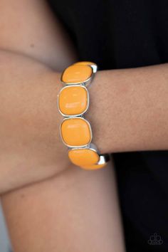 Zesty Saffron beads are pressed into sleek silver fittings that slide along stretchy bands around the wrist, creating a vivacious pop of color. Sold as one individual bracelet. Orange Bracelet, Paparazzi Accessories, Stretchy Bracelets, Pop Of Color, Paparazzi Jewelry, Boutique Jewelry, Silver Frame, Bling Jewelry, Online Accessories