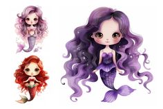 two mermaids with purple hair and one is sitting on top of the other side